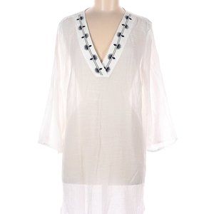 Kona Sol White Sheer with Navy Blue Embroidered Swim Coverup, Size Extra Large